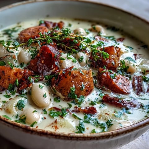 Creamy Ham and White Bean Soup with Herbs in a rustic bowl, garnished with fresh parsley and cracked black pepper, perfect for a cozy winter meal.