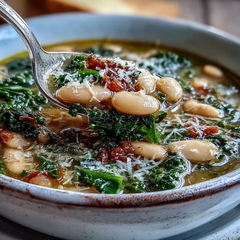 Creamy Tuscan white bean soup with kale and Parmesan, served in a rustic bowl with crusty bread.  