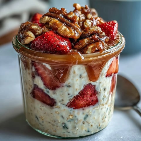 Creamy overnight oats with fresh strawberries and crunchy candied walnuts in a jar.  