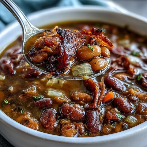 A steaming bowl of 15-bean soup with smoky ham bone, filled with tender beans, savory vegetables, and rich broth.