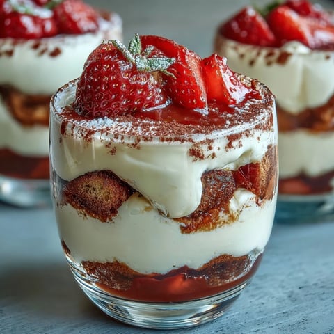 Elegant strawberry tiramisu cups with layers of mascarpone cream, coffee-soaked ladyfingers, and fresh strawberries for a romantic dessert.