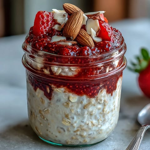 Creamy overnight oats layered with vibrant strawberry chia jam and fresh berries, a nourishing breakfast that's both delicious and energizing.  