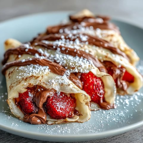Stack of golden crêpes filled with Nutella and fresh strawberries, perfect for a Galentine's brunch celebration.