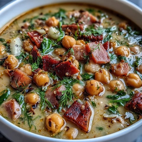 A steaming bowl of ham and chickpea soup with lemon and dill, garnished with fresh herbs and tender diced ham.  