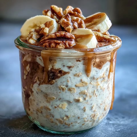 Creamy Banana Bread Overnight Oats with Walnuts in a jar, topped with banana slices and crunchy walnuts, drizzled with maple syrup.