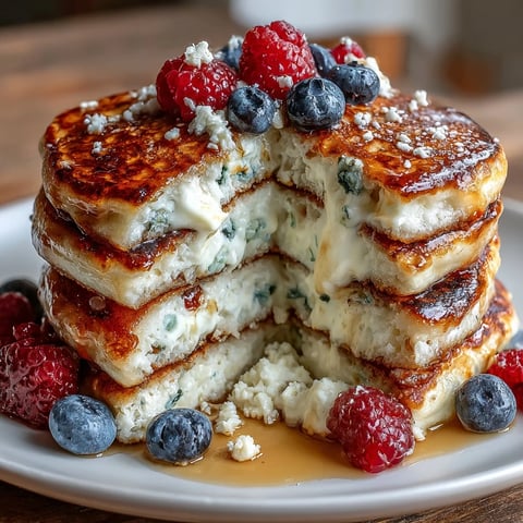 Fluffy cottage cheese and berry protein pancakes stacked high with fresh fruit and syrup.  
