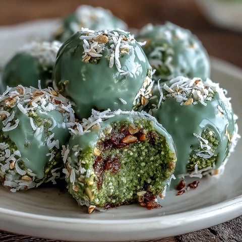 A plate of vibrant matcha coconut energy balls with oats, rolled in shredded coconut for a healthy snack.  