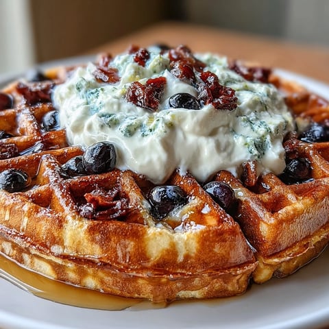 Golden sourdough waffles with juicy blueberries and bright lemon zest, served with creamy maple yogurt for a tangy-sweet brunch favorite.