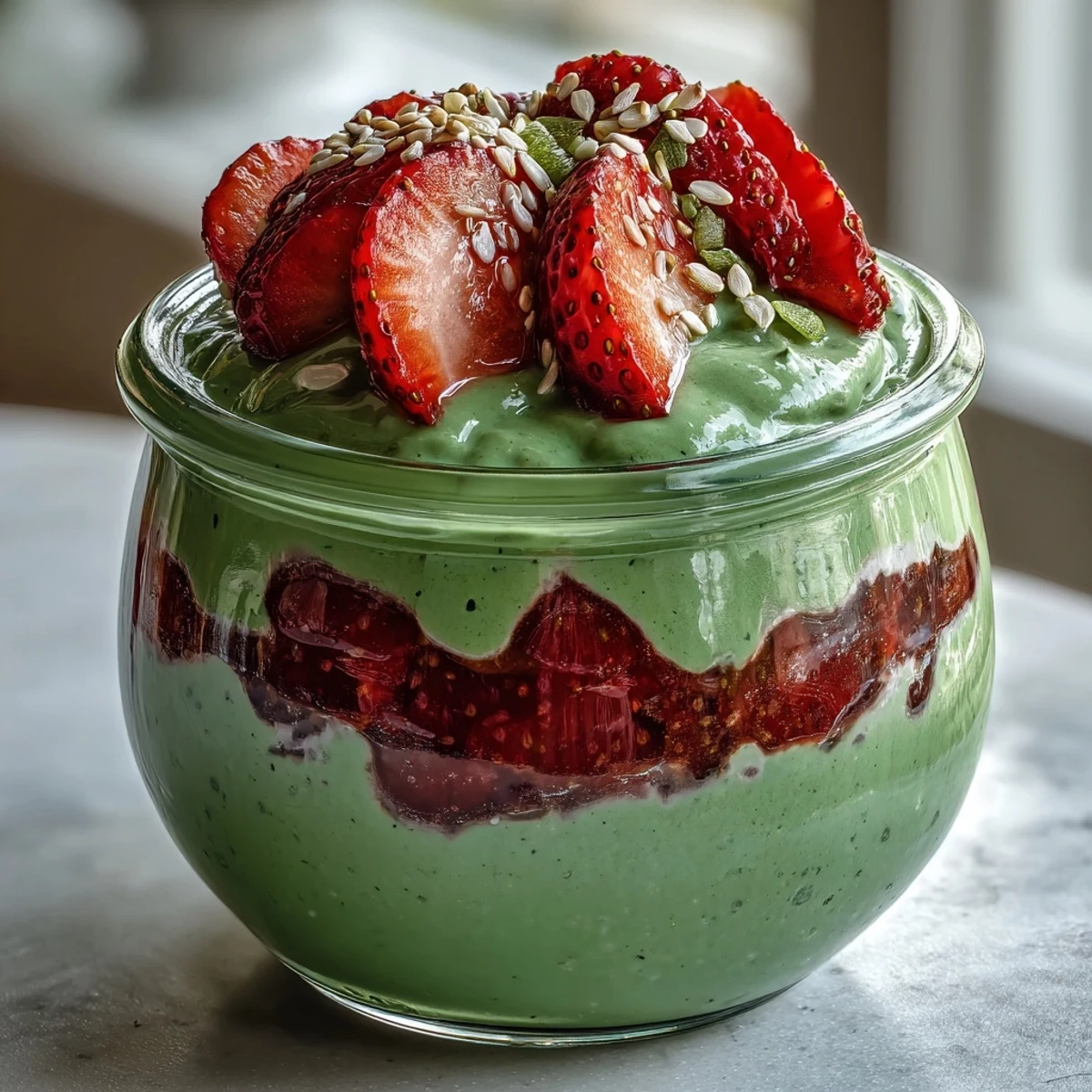 Strawberry Matcha Overnight Chia Oats in a jar with layers of creamy oats, vibrant green matcha, and fresh strawberries, topped with coconut flakes.