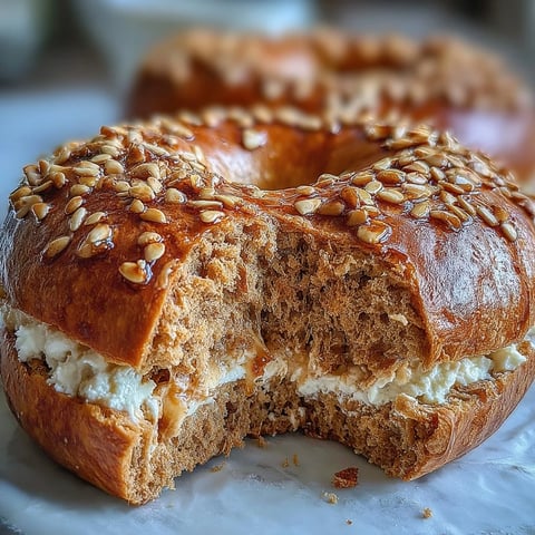 Golden whole wheat protein bagels with a glossy honey glaze, served alongside a creamy, fluffy yogurt dip for a nourishing breakfast.