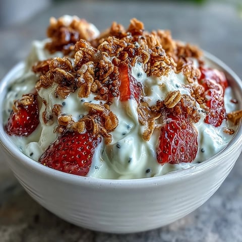 Fluffy Yogurt Breakfast Bowl with Strawberries and Granola Crunch, topped with fresh berries and crunchy granola for a vibrant morning treat.  