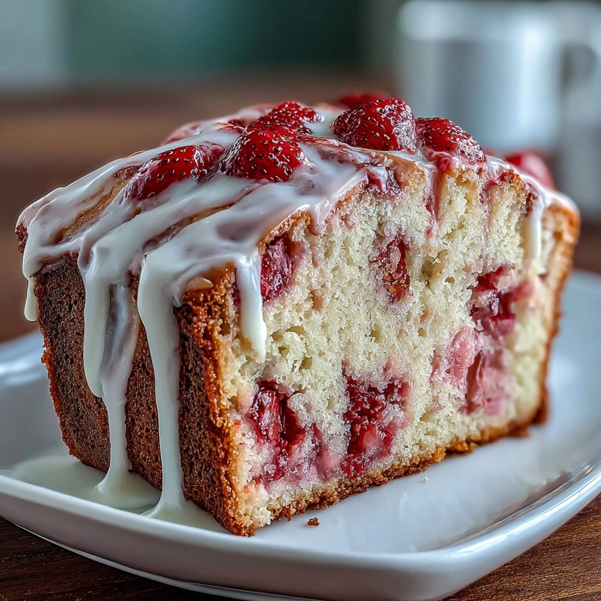 Moist strawberry swirl pound cake loaf with glossy vanilla glaze, perfect for spring dessert tables.  