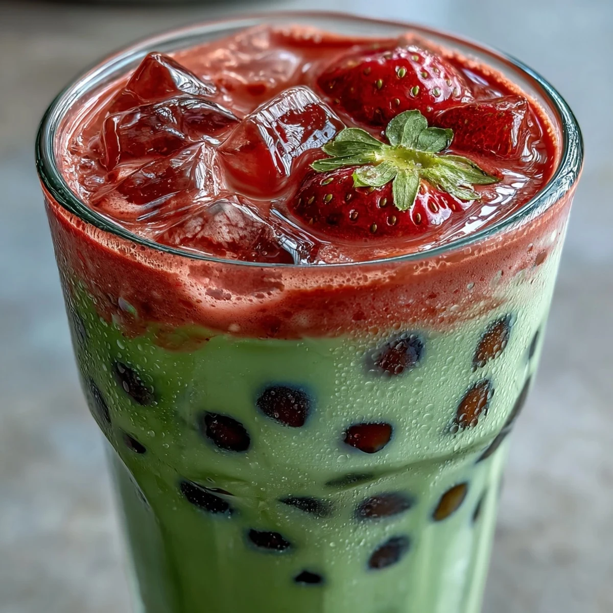 Vibrant strawberry matcha boba-inspired drink with fresh strawberries, creamy milk, and chewy tapioca pearls in two glasses.
