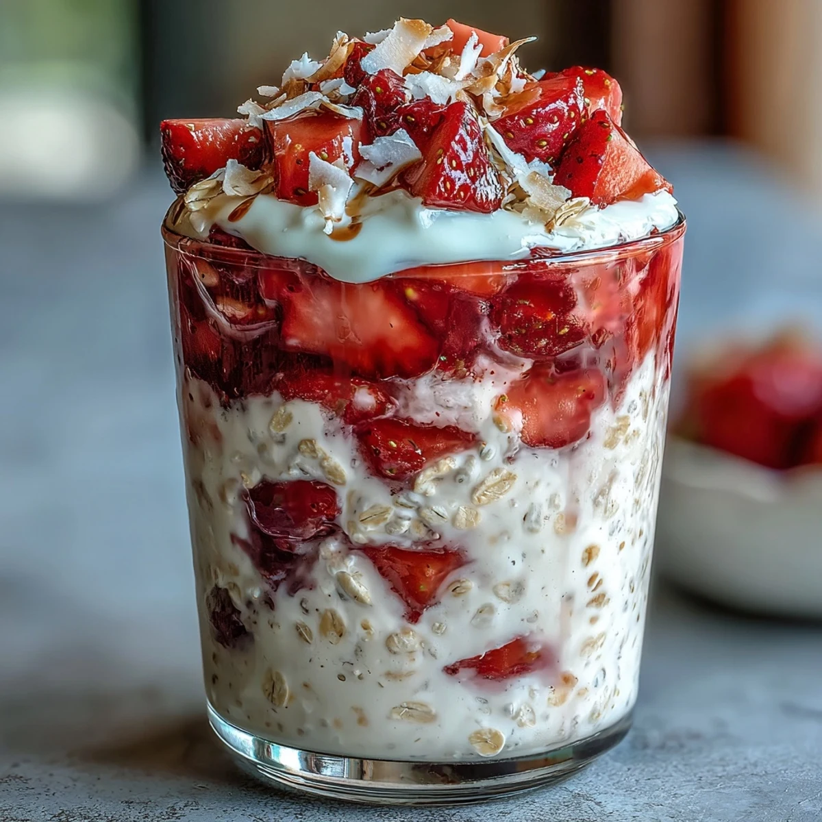 Strawberry Coconut Cream Overnight Oats in a jar with vibrant red strawberries and creamy coconut yogurt topping.