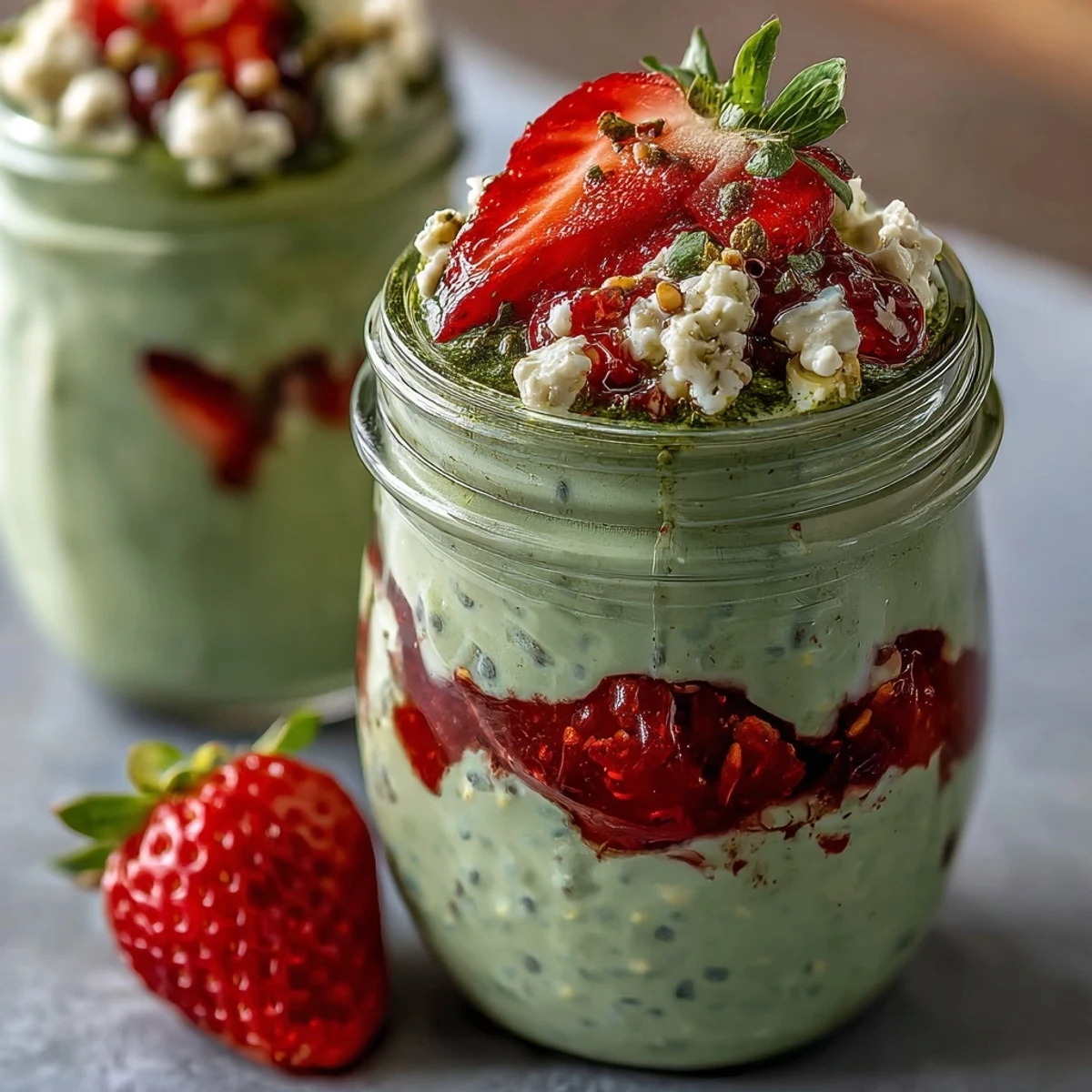 Strawberry Matcha Latte Overnight Oats in a jar with creamy oats, matcha, and fresh strawberries for a vibrant, nourishing breakfast.  