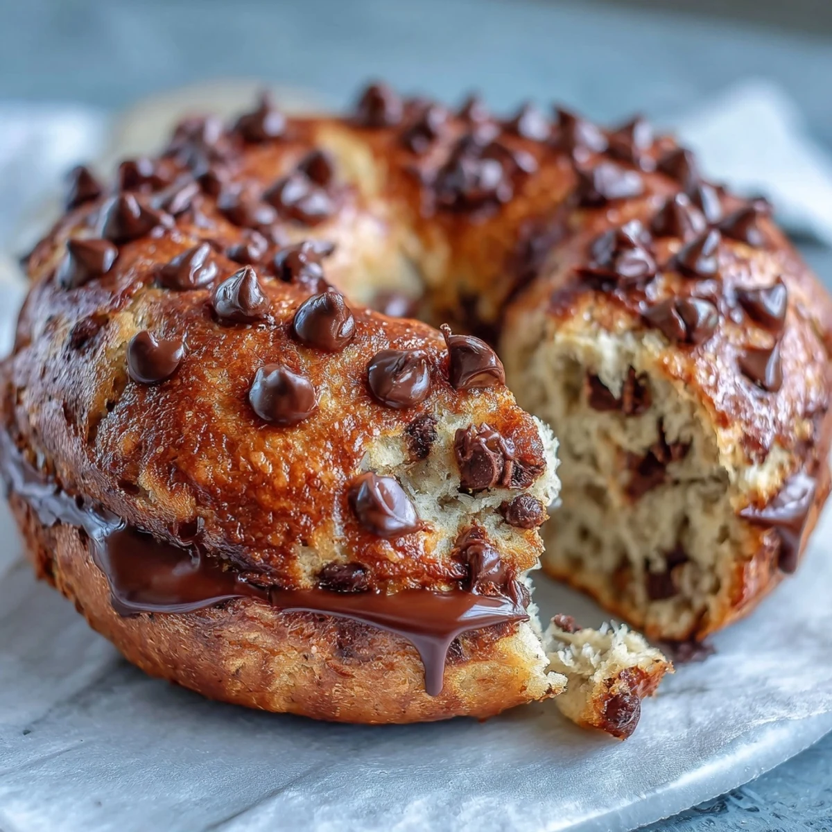 A stack of golden-brown chocolate chip protein bagels, soft and chewy with melted chocolate pockets, perfect for a high-protein breakfast.