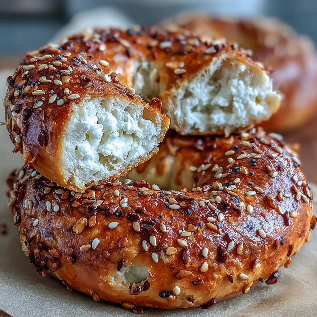 Fluffy protein bagels topped with savory everything seasoning, perfect for a nutritious breakfast or snack.  