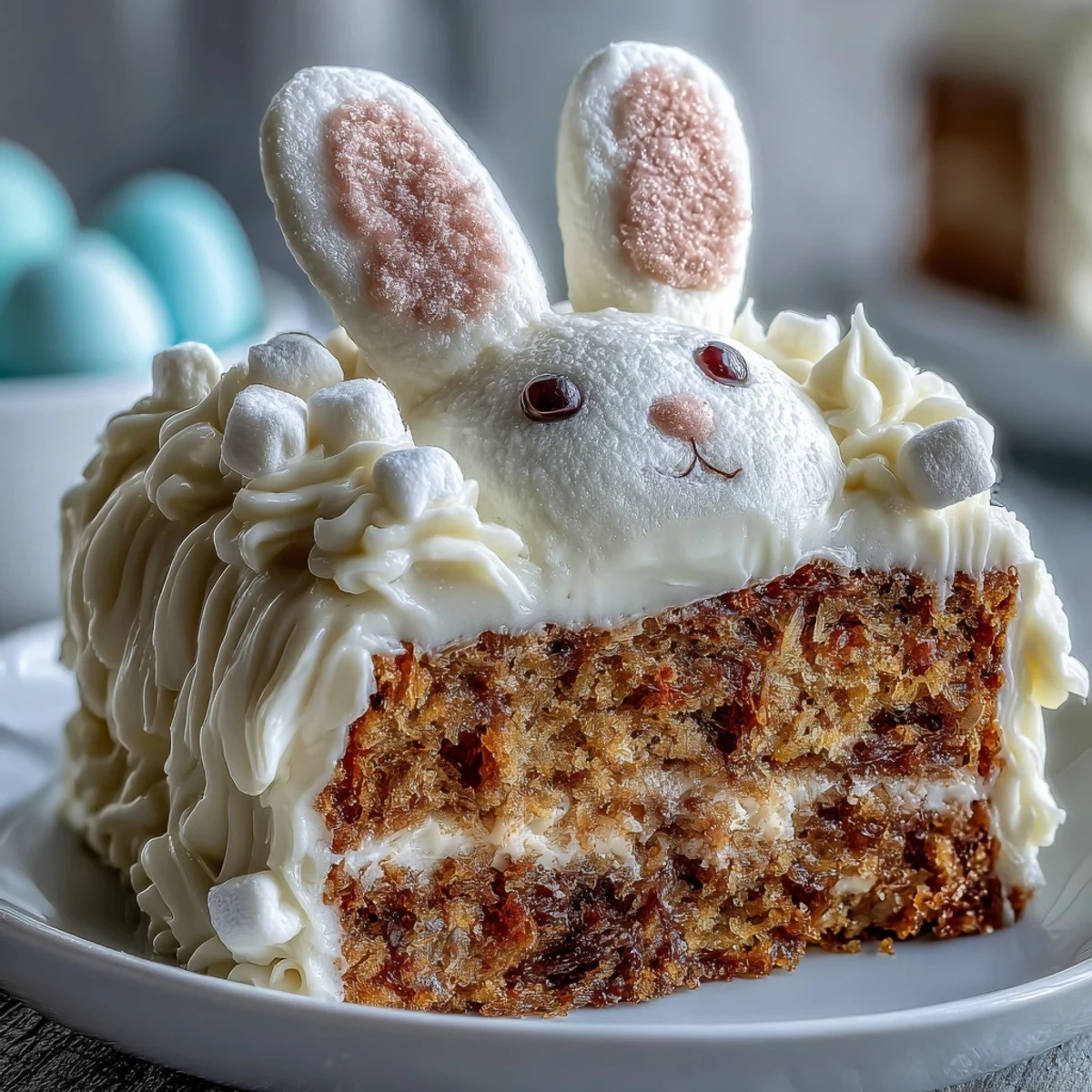 Adorable Easter Bunny Carrot Cake Cupcakes with cream cheese frosting, decorated with marshmallow ears and candy eyes for a festive spring dessert.