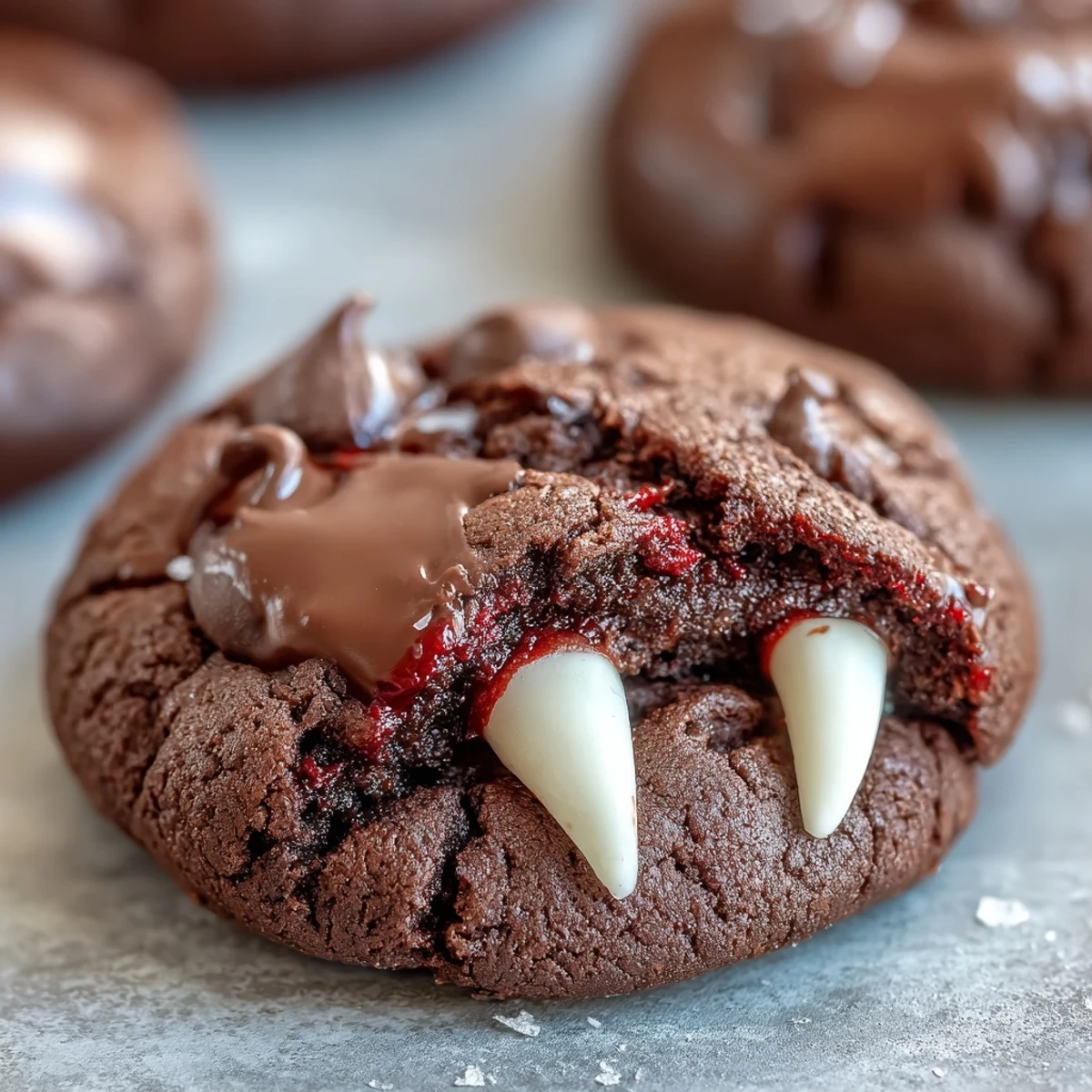 Chocolate Vampire Cookies with Candy Fangs: Spooky Halloween treats with rich cocoa dough, chewy texture, and red gel blood dripping from candy fangs.