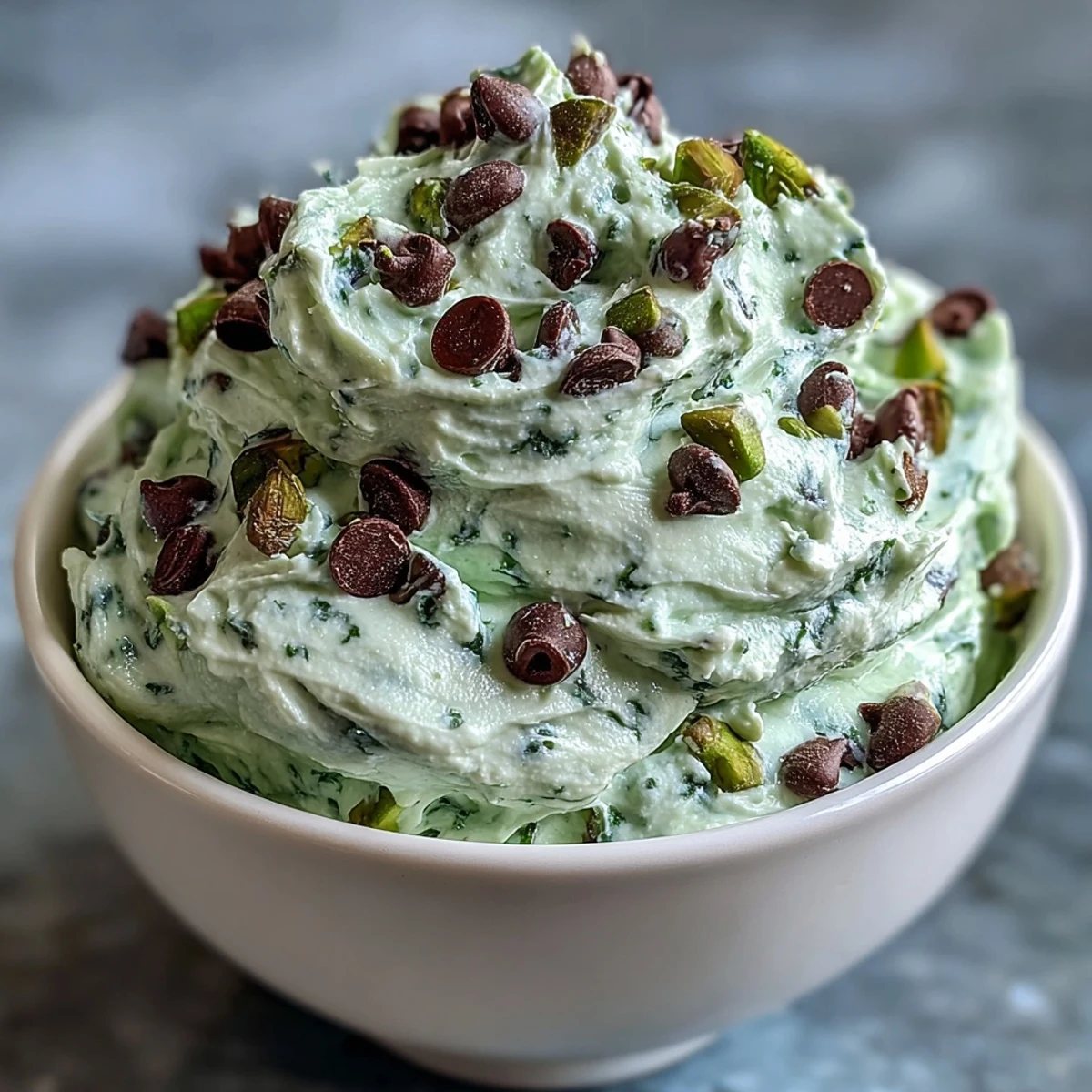 Festive St. Patrick's Day mint chocolate chip dip in a green bowl, topped with extra chocolate chips and served with graham crackers.