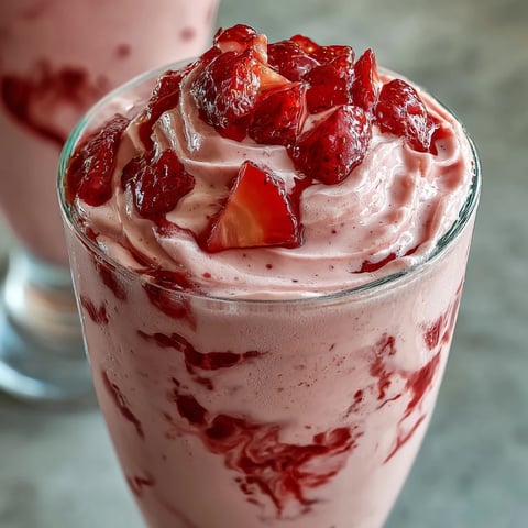 A creamy strawberry shortcake protein smoothie topped with fresh strawberry slices and a sprinkle of granola for crunch.