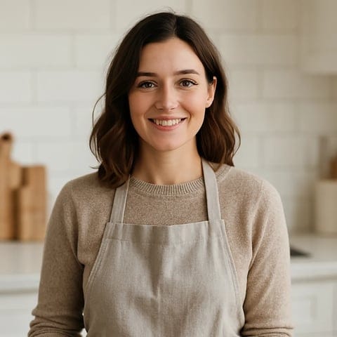 A woman wearing an apron and smiling.