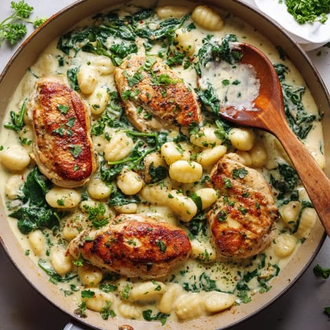 A pan of food with chicken, pasta, and spinach.