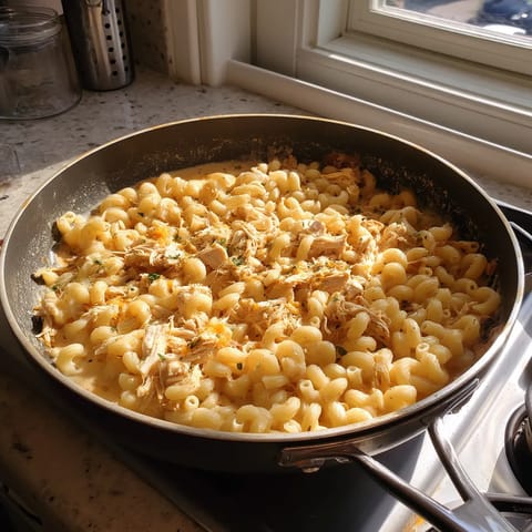 A pan of macaroni and cheese on a stove.