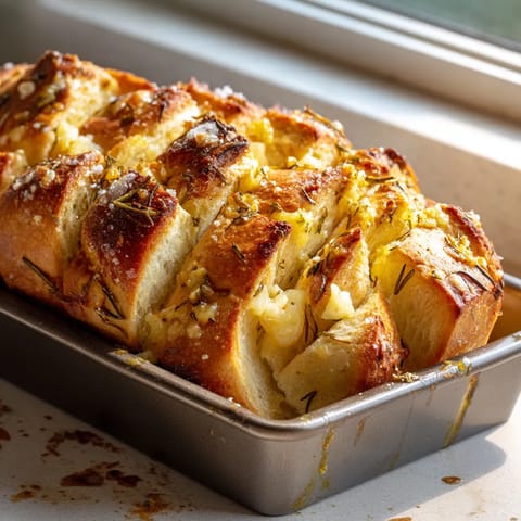 A loaf of bread with herbs in a pan.
