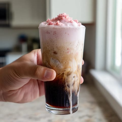 A glass of coffee with a pink topping.