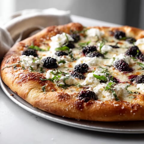 A pizza with blackberries and cheese.