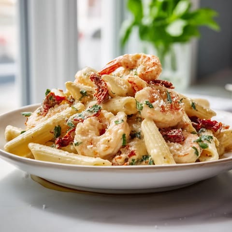 A plate of pasta with shrimp and cheese.