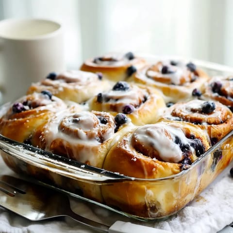 A glass dish filled with blueberry swirl rolls.