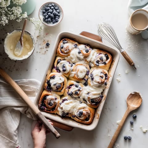 A pan of blueberry swirl rolls.
