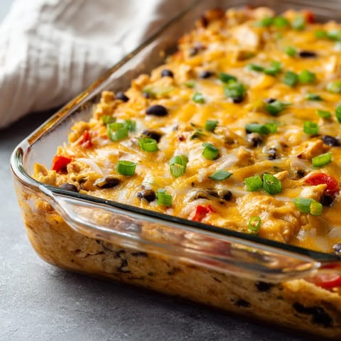 A pan of food with green peppers and black beans.