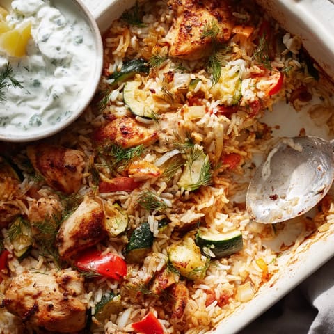 A bowl of rice with chicken and vegetables.