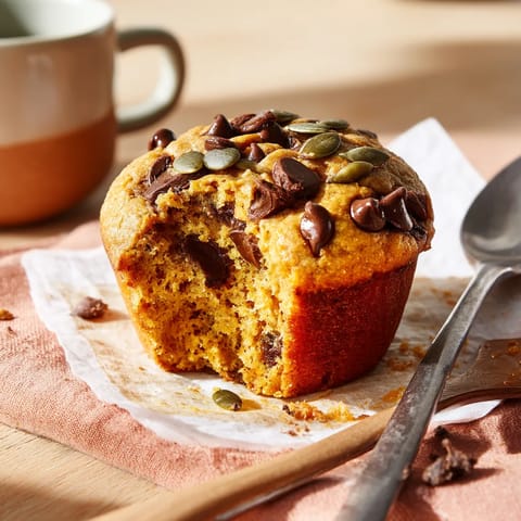 A muffin with chocolate chips and pumpkin seeds.