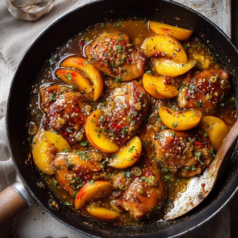 A pan of chicken with peppers and onions.
