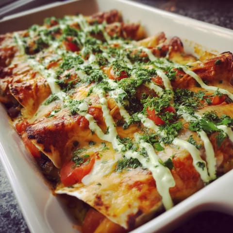 A dish of food with a white sauce on top.