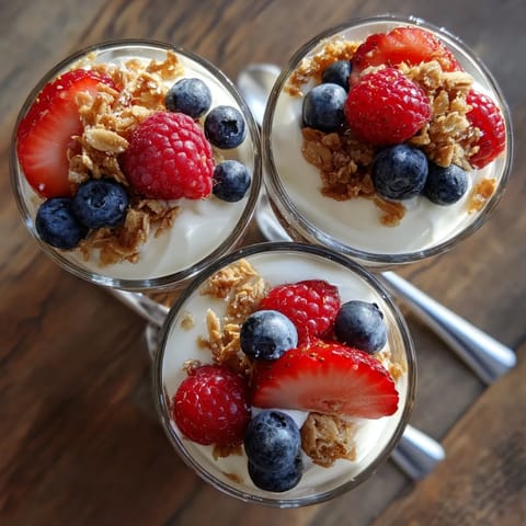 Three glasses of yogurt with berries and granola.