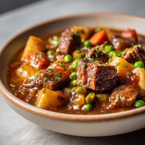 A bowl of stew with meat and peas.