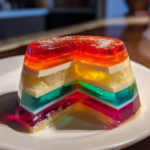A colorful cake with rainbow colors.