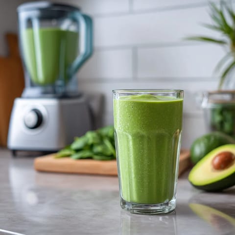 A glass of green smoothie sits on a counter next to a blender.