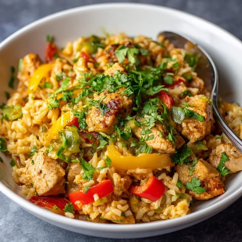 A bowl of rice with chicken and vegetables.