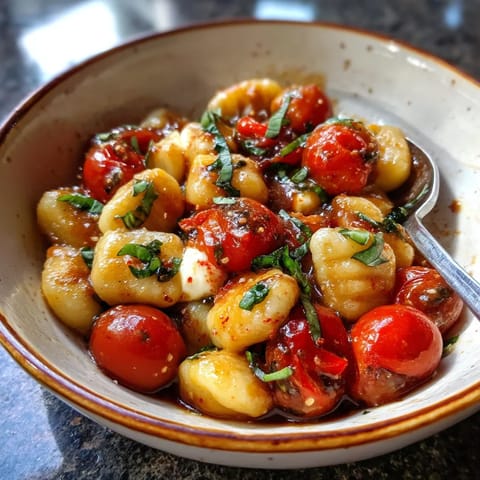 A bowl of pasta with tomatoes and basil.