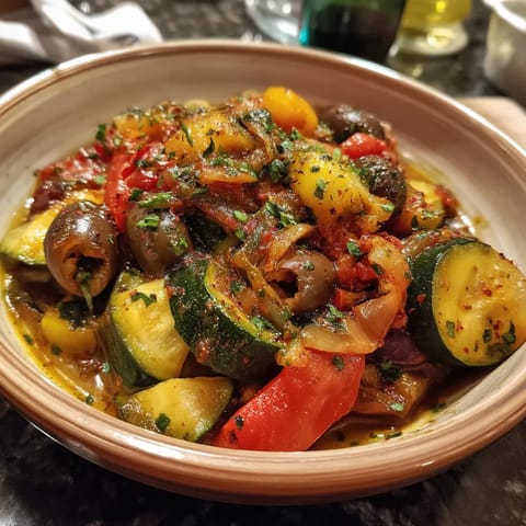 A bowl of food with tomatoes, zucchini, and peppers.