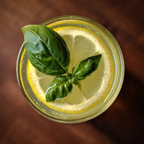 A glass of lemonade with a green leaf on top.