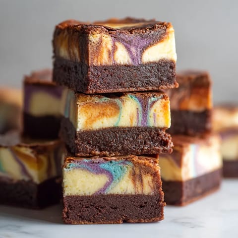 A stack of brownies with chocolate and white frosting.