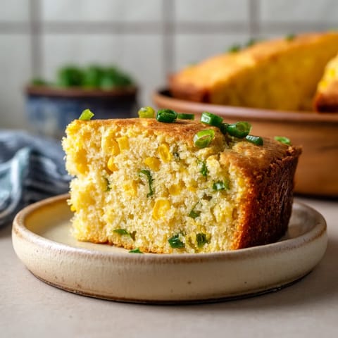 A slice of corn bread with green onions on top.