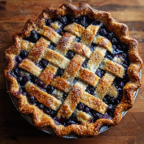 A blueberry pie on a plate.